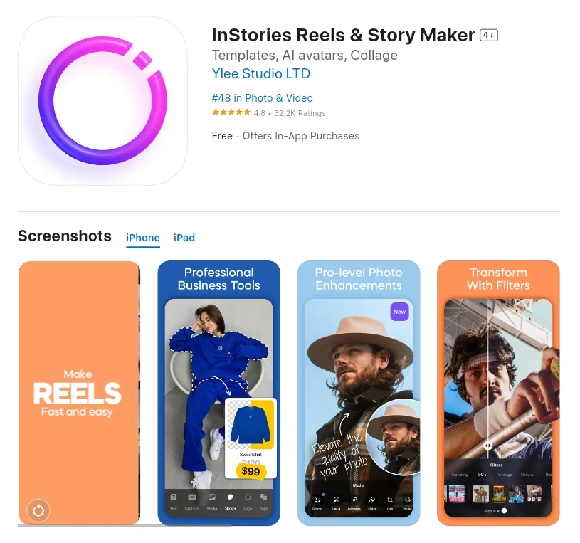 instories reels and story maker app