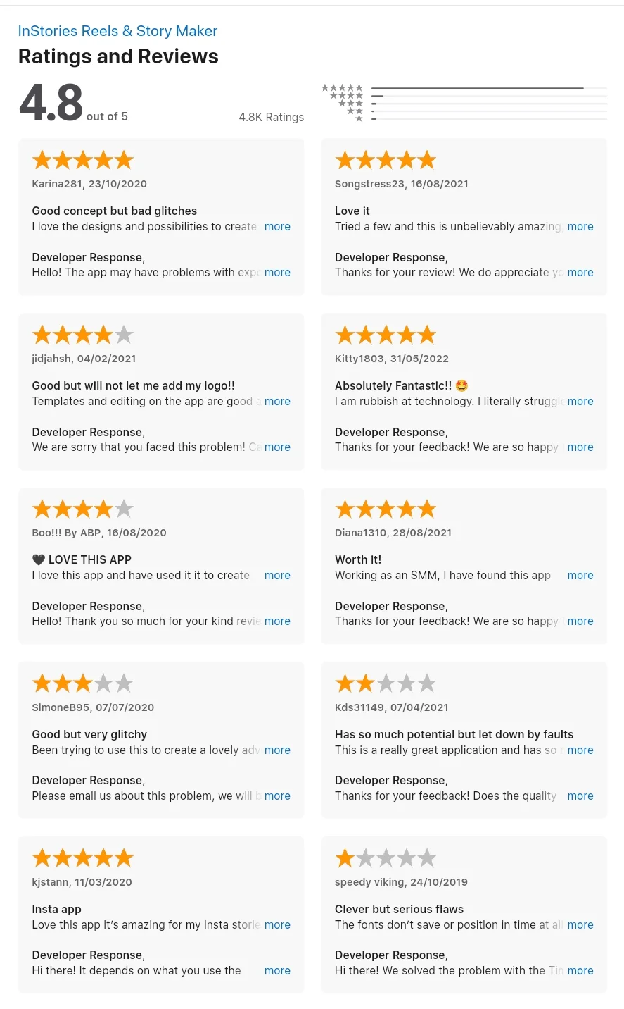 review and ratings of instories app