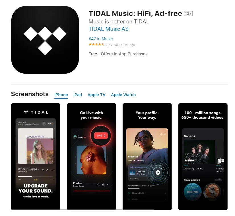 TIDAL Music HiFi, Ad-free App